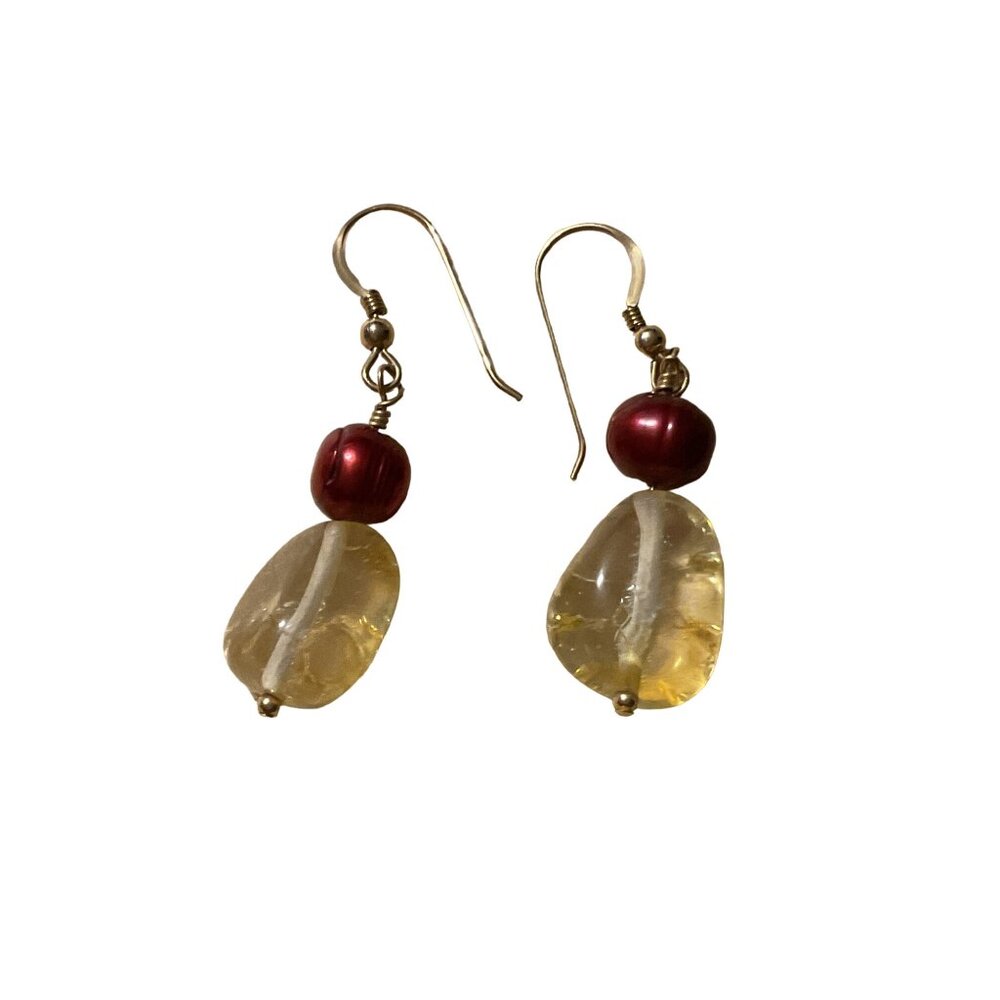 Handmade Dangle Earrings With Yellow Stone & Red Bead
